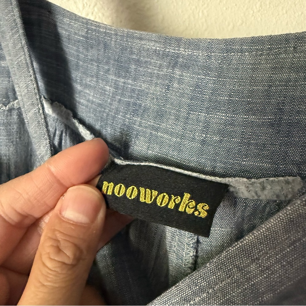 NOOWORKS‎ blue chambray denim cotton Lycra cropped overalls jumpsuit - Picture 6 of 7